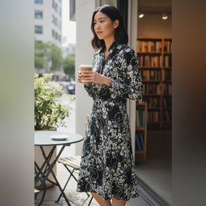 Free People Black and White Floral Long Sleeve Dress